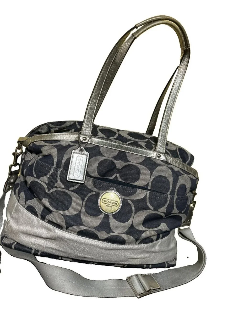 Coach XL Denim Signature Stripe Tote Weekender Diaper Bag F17443 Large Handbag